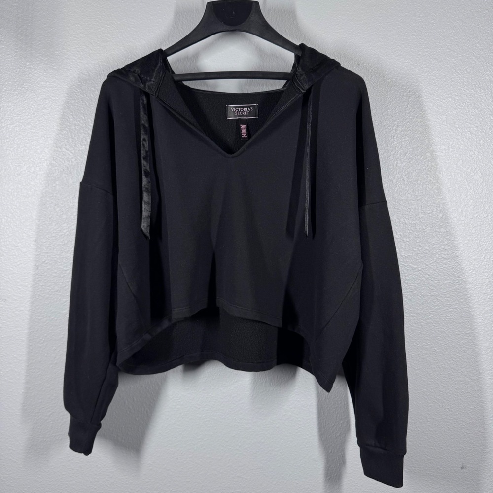 Victorias Secret Womens Black Satin Trim Cropped V-Neck Hoodie Sweatshirt XL - Picture 2 of 13